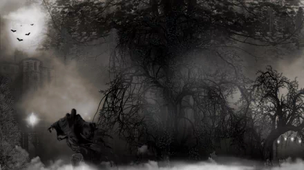 A dark and spooky HD wallpaper featuring a mysterious figure against a backdrop of twisted trees and fog, capturing the eerie essence of Halloween.