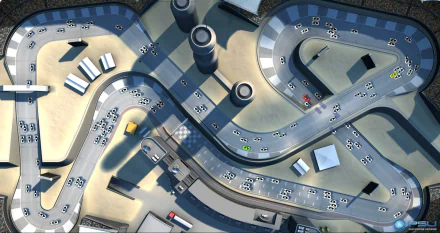 A high-definition PC desktop wallpaper featuring a top-down view of a racing track from the video game PixelJunk Racer, showcasing multiple cars and winding roads.