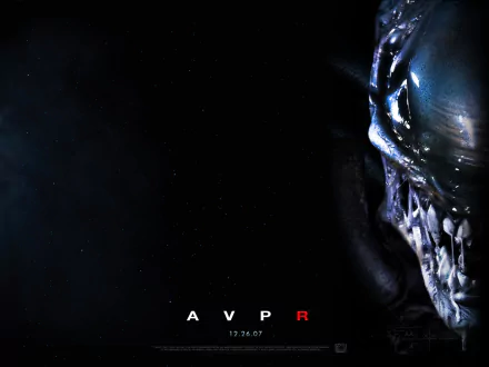 A dark and atmospheric HD wallpaper featuring an alien skull from the movie Aliens vs. Predator: Requiem, with the film's release date and title art displayed prominently.