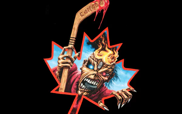 4K Ultra HD PC desktop wallpaper featuring Iron Maiden’s fiery mascot breaking through a red maple leaf, blending music and bold graphic art.