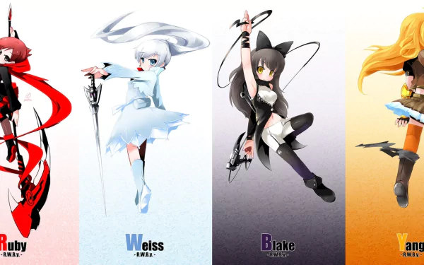 High-definition wallpaper featuring Ruby Rose, Weiss Schnee, Blake Belladonna, and Yang Xiao Long from the anime RWBY, showcasing their distinct designs and vibrant colors.