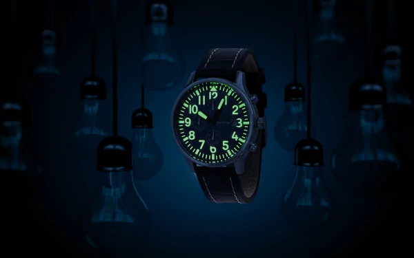 4K Ultra HD wallpaper featuring a man-made Jack Pierre watch glowing with green luminescent numerals against a dark background of hanging light bulbs.