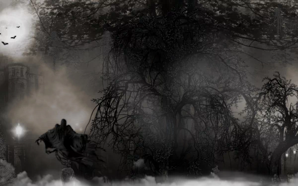 A dark and spooky HD wallpaper featuring a mysterious figure against a backdrop of twisted trees and fog, capturing the eerie essence of Halloween.