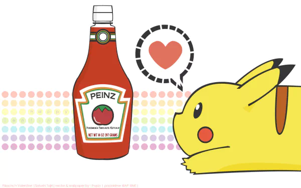 A HD desktop wallpaper featuring Pikachu from Pokémon gazing lovingly at a bottle of ketchup with a heart symbol between them.