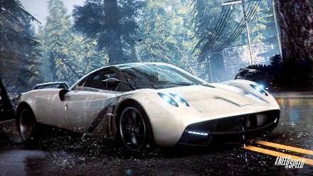 A sleek white Pagani sports car speeds through a rain-soaked forest road in this HD wallpaper from Need For Speed: Rivals, capturing the thrill of high-speed racing.