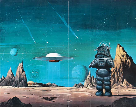 Robby the Robot stands on a distant planet, with dramatic landscapes and spacecraft in the background, inspired by the classic movie Forbidden Planet. HD desktop wallpaper.