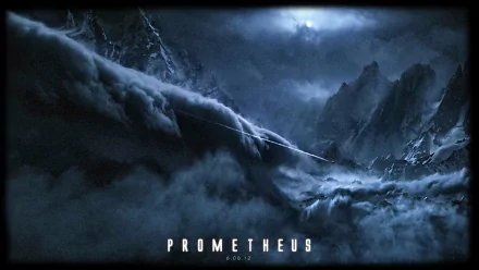 Prometheus movie HD PC desktop wallpaper: moonlit alien mountain range wreathed in storm clouds and swirling fog, cinematic sci-fi landscape with the PROMETHEUS title.