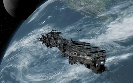 A stunning HD wallpaper featuring a spaceship near Earth, inspired by the Stargate series, from the video game X3: Reunion.