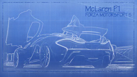 Blueprint-style HD PC desktop wallpaper featuring a McLaren P1 from the video game Forza Motorsport 5 with detailed white line art on a blue background.