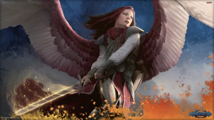 HD desktop wallpaper featuring a man-made Magic: The Gathering character with large wings, armor, and a glowing sword, set against a dynamic sky and fiery ground.