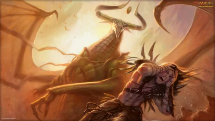 A dramatic Magic: The Gathering scene featuring a man overwhelmed by a menacing dragon-like creature against a glowing celestial backdrop, designed for HD PC desktop wallpapers.