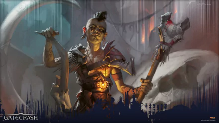 Man-made Magic: The Gathering HD PC desktop wallpaper depicting a battle-scarred shaman-warrior with a mohawk, glowing chest sigil, holding a staff and axe amid ruined arches and drifting banners.