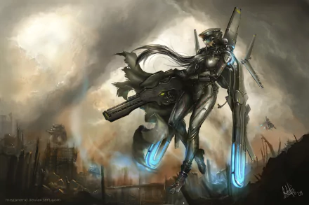 HD sci-fi warrior in advanced armor stands amidst a smoky battlefield, glowing blue energy weapons ready, set against a dark, apocalyptic background.
