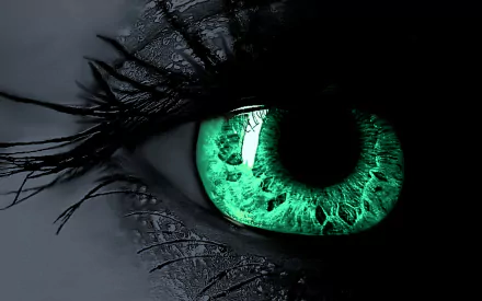 A striking close-up of a woman's eye, featuring vibrant green hues against a dark background, designed as an HD desktop wallpaper and background.