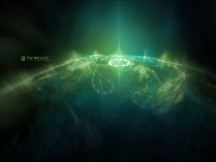 HD desktop wallpaper featuring a glowing, green fractal design with artistic, otherworldly patterns and light beams emanating from the center against a dark background.