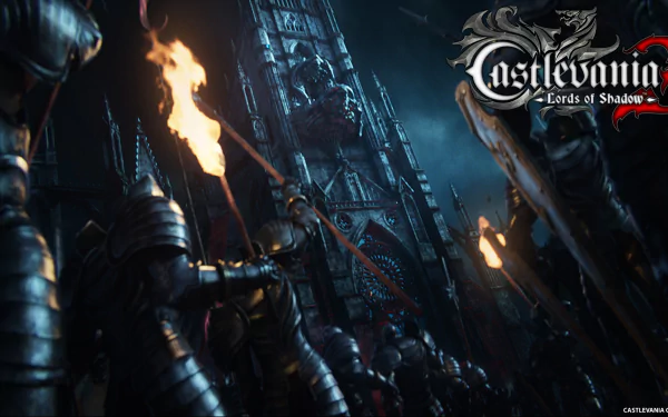 HD PC desktop wallpaper from the video game Castlevania: Lords of Shadow 2—torch-bearing armored soldiers face a towering gothic castle; game logo in corner.