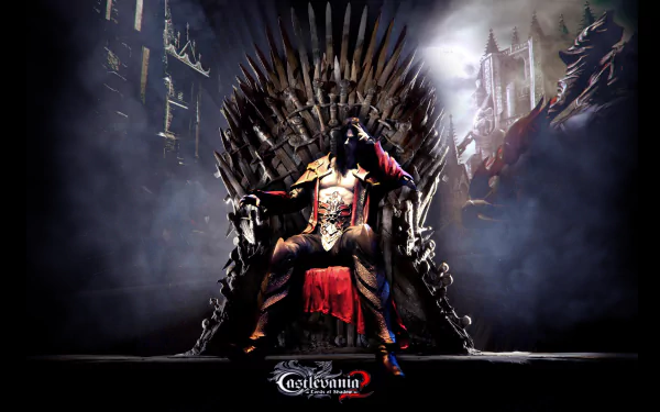 HD wallpaper featuring a character from Castlevania: Lords of Shadow 2 seated on a throne, surrounded by a dark, atmospheric background that evokes the game's gothic themes.