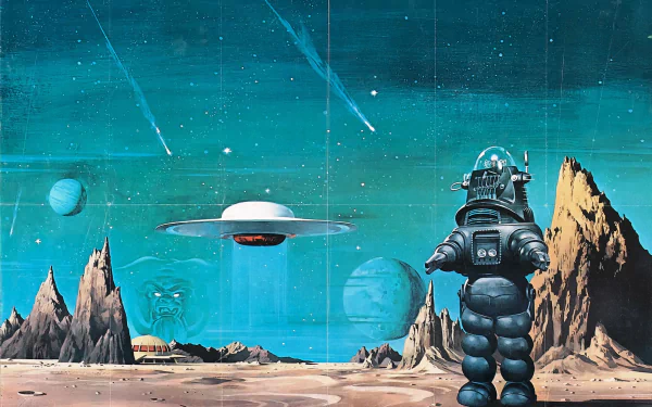 Robby the Robot stands on a distant planet, with dramatic landscapes and spacecraft in the background, inspired by the classic movie Forbidden Planet. HD desktop wallpaper.