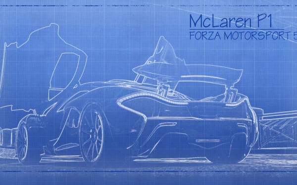 Blueprint-style HD PC desktop wallpaper featuring a McLaren P1 from the video game Forza Motorsport 5 with detailed white line art on a blue background.