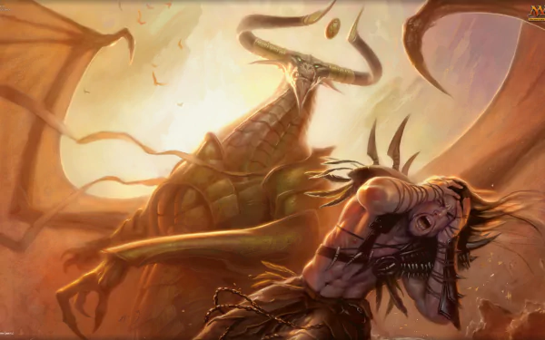 A dramatic Magic: The Gathering scene featuring a man overwhelmed by a menacing dragon-like creature against a glowing celestial backdrop, designed for HD PC desktop wallpapers.