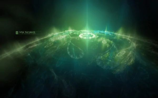 HD desktop wallpaper featuring a glowing, green fractal design with artistic, otherworldly patterns and light beams emanating from the center against a dark background.