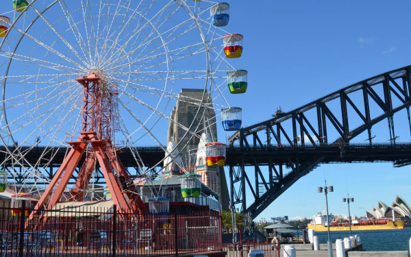 Colorful Luna Park ferris wheel with Sydney Harbour Bridge and Sydney Opera House in the background under a bright blue sky in Australia.