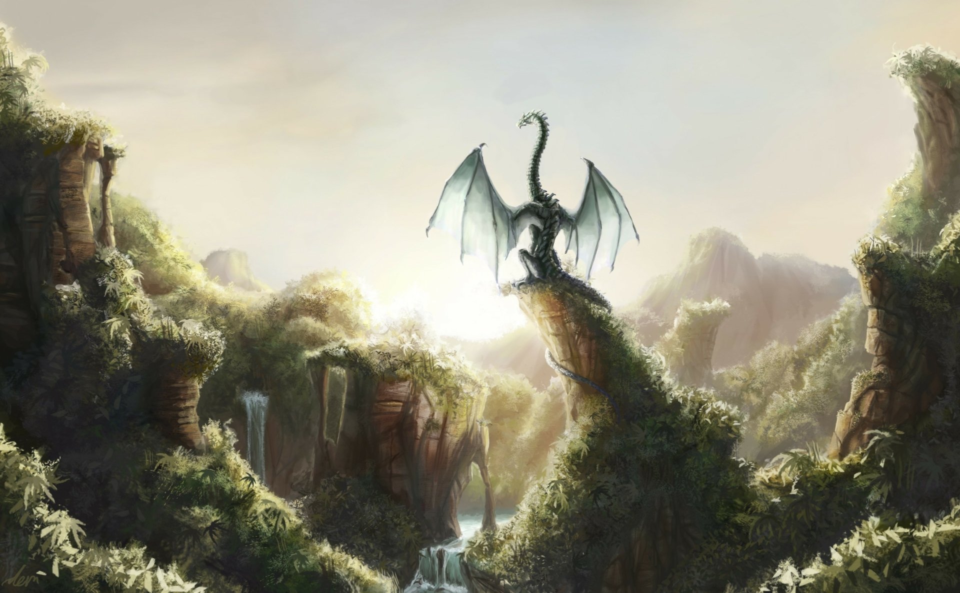 HD wallpaper featuring a majestic dragon perched on a cliff over a lush, mountainous landscape bathed in sunlight.