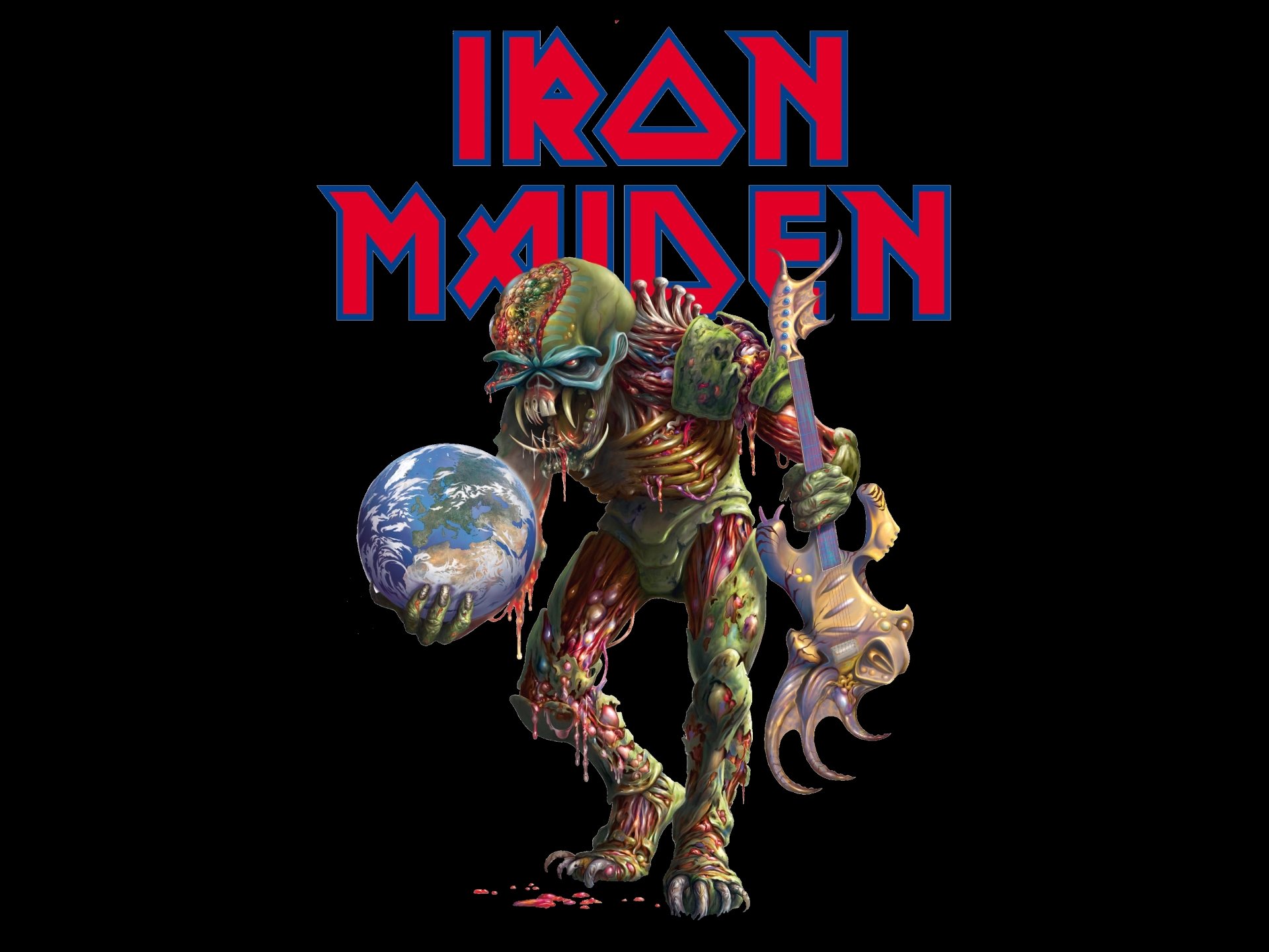 4K Ultra HD PC desktop wallpaper featuring a detailed, monstrous figure holding Earth and a guitar, with the Iron Maiden logo above, representing the iconic music band.