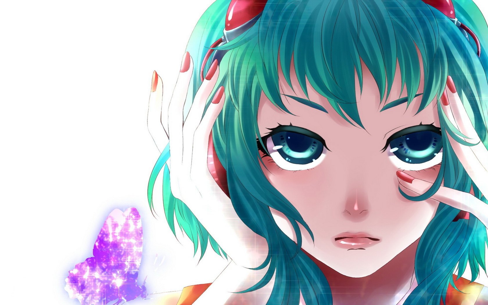 HD anime desktop wallpaper featuring GUMI from Vocaloid with vibrant teal hair, striking large eyes, and a glowing purple butterfly near her hand.