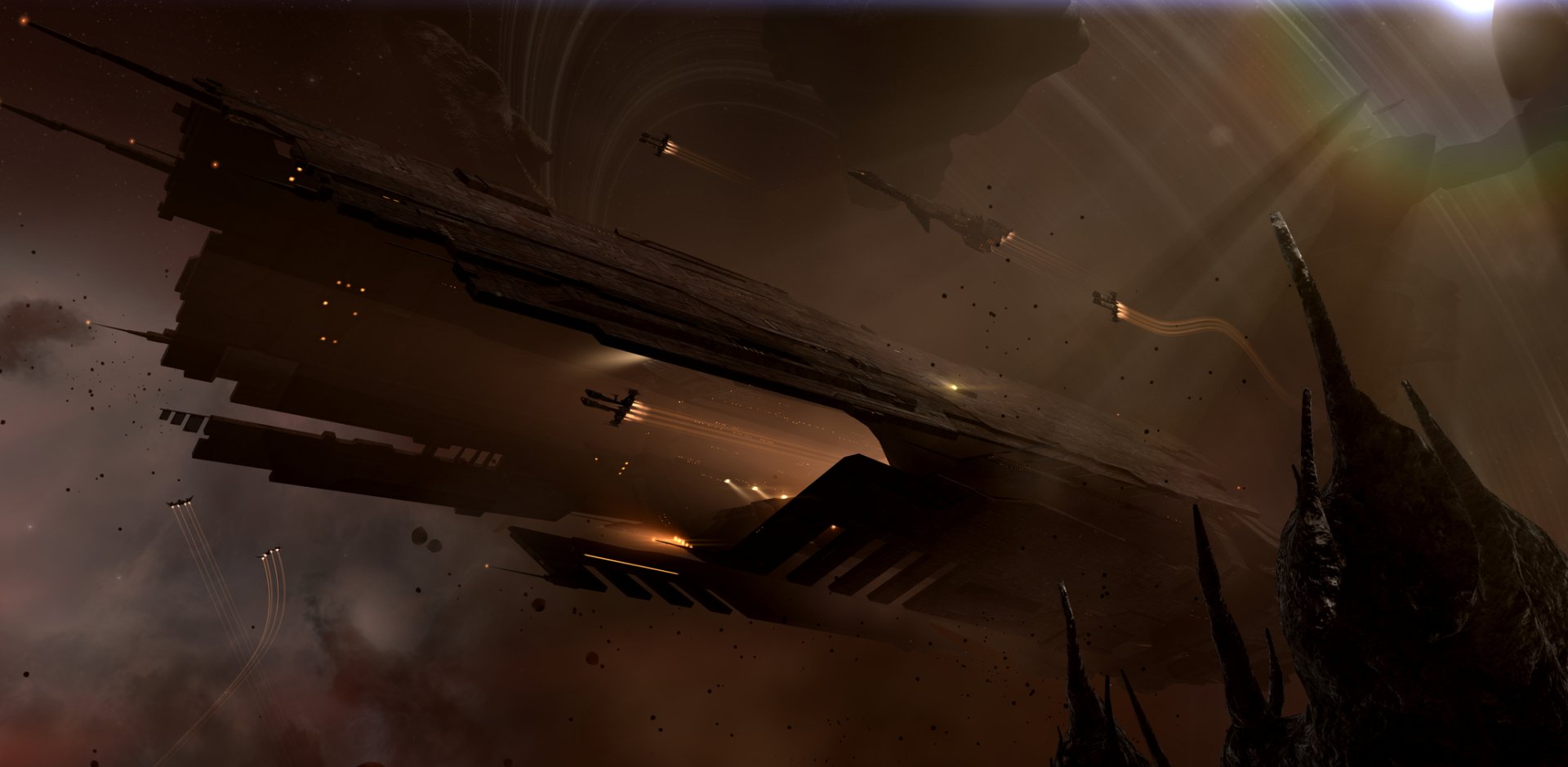 HD PC desktop wallpaper from the video game EVE Online, depicting a dark, massive spaceship with glowing orange lights in a deep space environment.