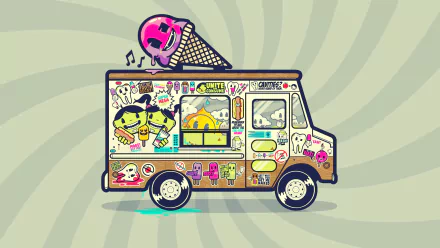 HD PC desktop wallpaper of a stylized ice cream truck covered in colorful cartoon stickers and graphics, set against a swirling, muted green background.
