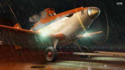 Animated orange airplane on a rain-soaked tarmac at night with cinematic lighting — movie-themed HD PC desktop wallpaper and background.