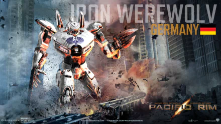 HD PC desktop wallpaper featuring a German Jaeger robot from the sci-fi movie Pacific Rim amidst a city battle scene.