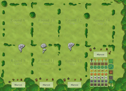 HD desktop wallpaper featuring a stylized agricola board game layout with green fields, trees, and game rounds.