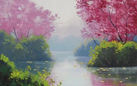 A serene landscape featuring vibrant pink trees and lush greenery surrounding a calm waterway, creating an artistic backdrop for a desktop wallpaper.