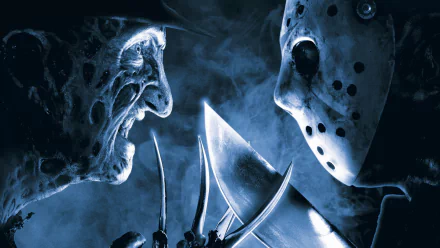 HD desktop wallpaper featuring Freddy Krueger and Jason Voorhees from the movie Freddy vs. Jason, facing off with intense expressions and shadows, creating a dark and thrilling background.