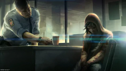 HD PC desktop wallpaper from the video game Beyond - Two Souls, depicting a tense scene between a police officer and a hooded figure in a dimly lit room.