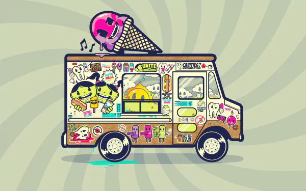 HD PC desktop wallpaper of a stylized ice cream truck covered in colorful cartoon stickers and graphics, set against a swirling, muted green background.