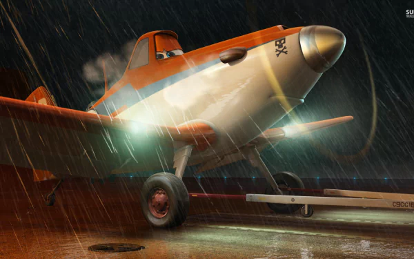 Animated orange airplane on a rain-soaked tarmac at night with cinematic lighting — movie-themed HD PC desktop wallpaper and background.