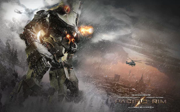 A dramatic HD wallpaper featuring a giant robot from the movie Pacific Rim, set against a chaotic urban backdrop with helicopters and a stormy sky.