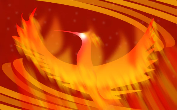 Abstract phoenix in blazing orange and red flames, stylized silhouette rising against swirling striped backdrop — HD PC desktop wallpaper and background.