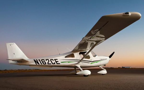 Cessna light aircraft (vehicle) N162CE parked on a runway at sunset, side view — 5K Ultra HD PC desktop wallpaper background