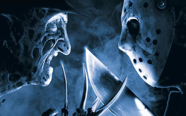 HD desktop wallpaper featuring Freddy Krueger and Jason Voorhees from the movie Freddy vs. Jason, facing off with intense expressions and shadows, creating a dark and thrilling background.