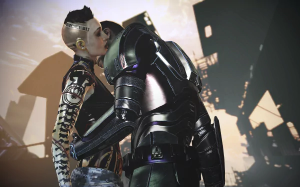HD PC desktop wallpaper featuring Jack and Commander Shepard from the video game Mass Effect sharing a close moment in a futuristic setting.