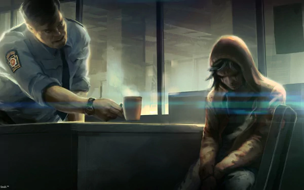 HD PC desktop wallpaper from the video game Beyond - Two Souls, depicting a tense scene between a police officer and a hooded figure in a dimly lit room.