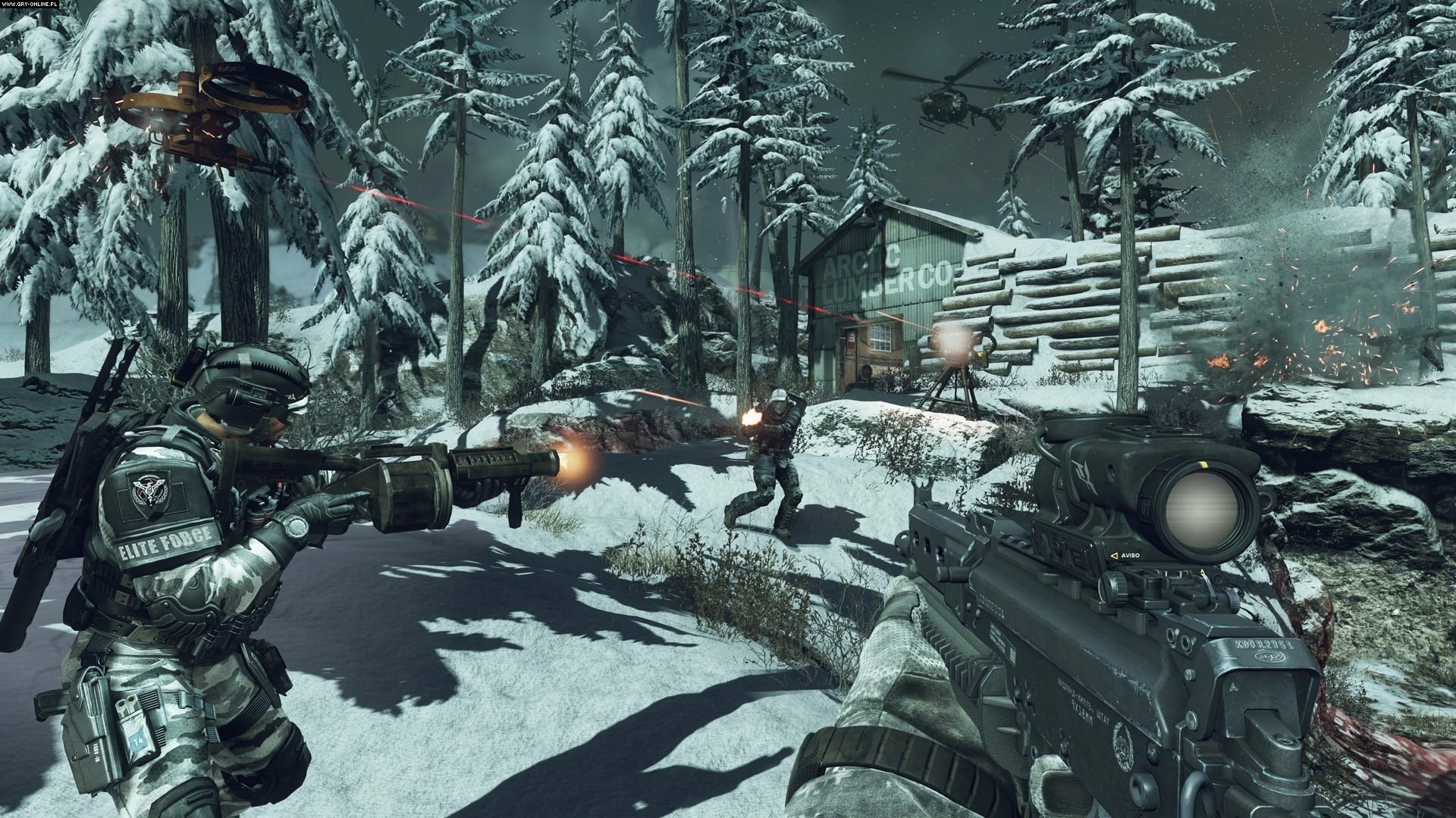 A dynamic scene from Call of Duty: Ghosts, featuring soldiers in a snowy landscape, engaged in combat with weapons drawn and helicopters overhead, set as a high-definition PC wallpaper.