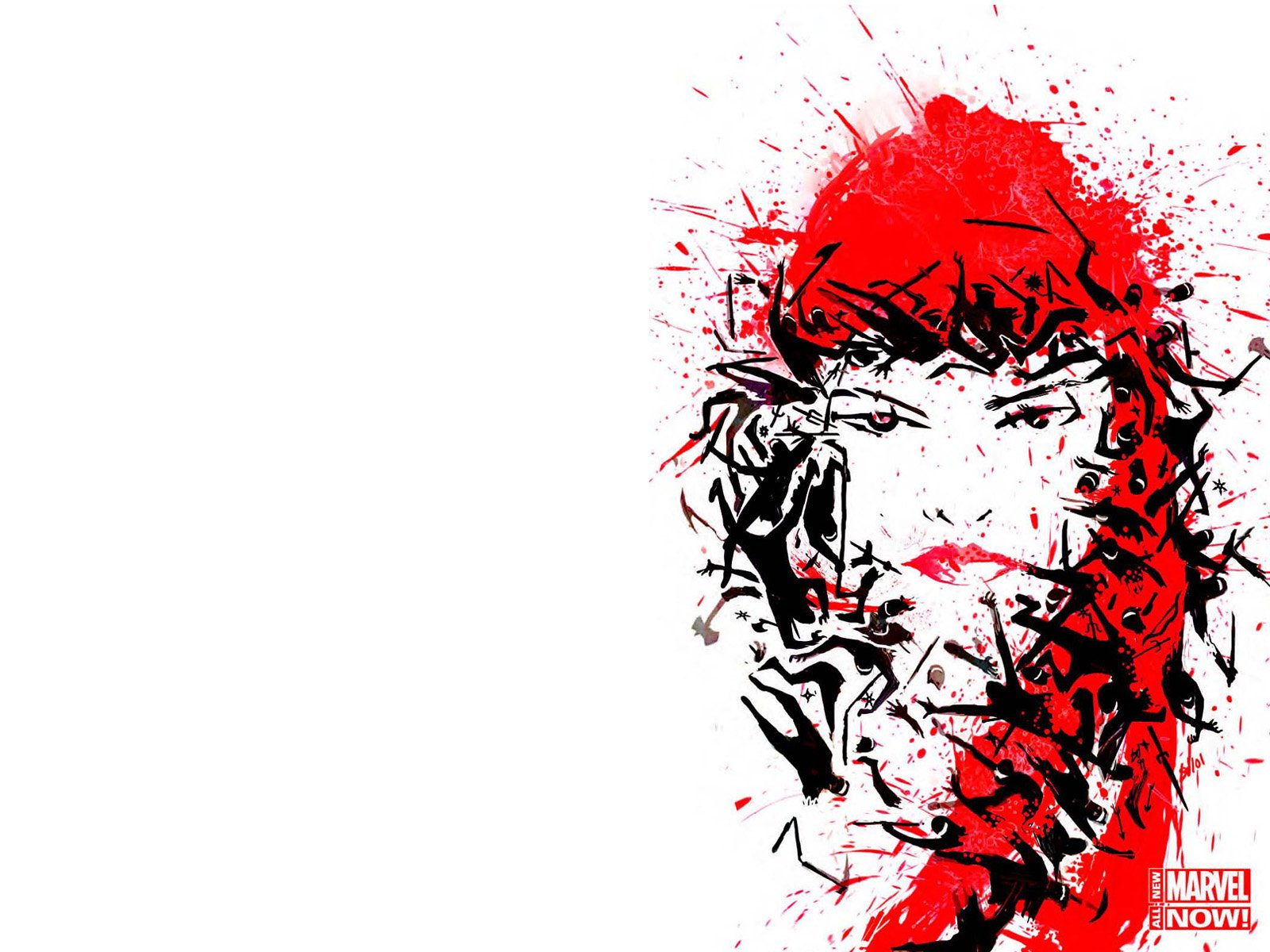 Stylized comic-art portrait of Elektra (Marvel) in red and black ink splatters against white, HD PC desktop wallpaper/background.