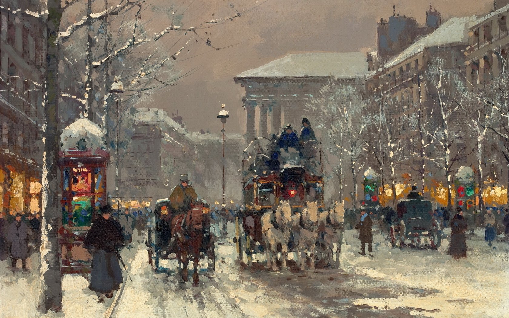A serene winter scene featuring horse-drawn carriages and pedestrians in a snowy city street, beautifully rendered in an artistic painting style. This HD wallpaper adds charm to any desktop.