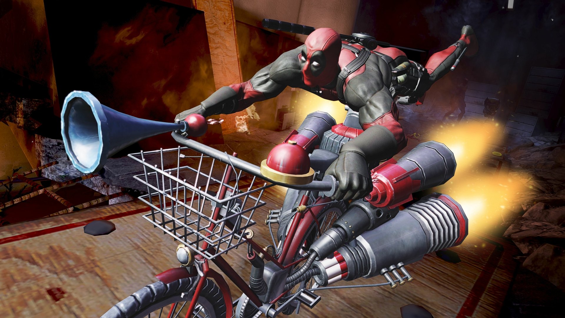 Deadpool rides a rocket-powered shopping cart in this dynamic 4K Ultra HD PC desktop wallpaper from a video game.