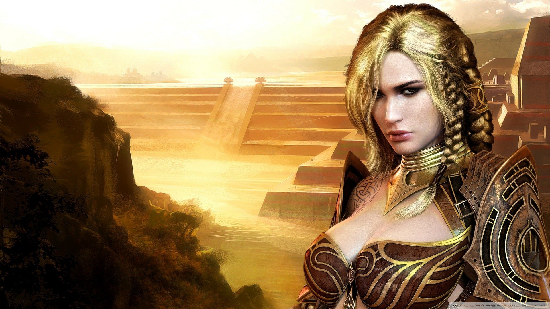 HD Guild Wars desktop wallpaper featuring a detailed female warrior character in ornate armor against a misty, ancient stepped pyramid landscape.